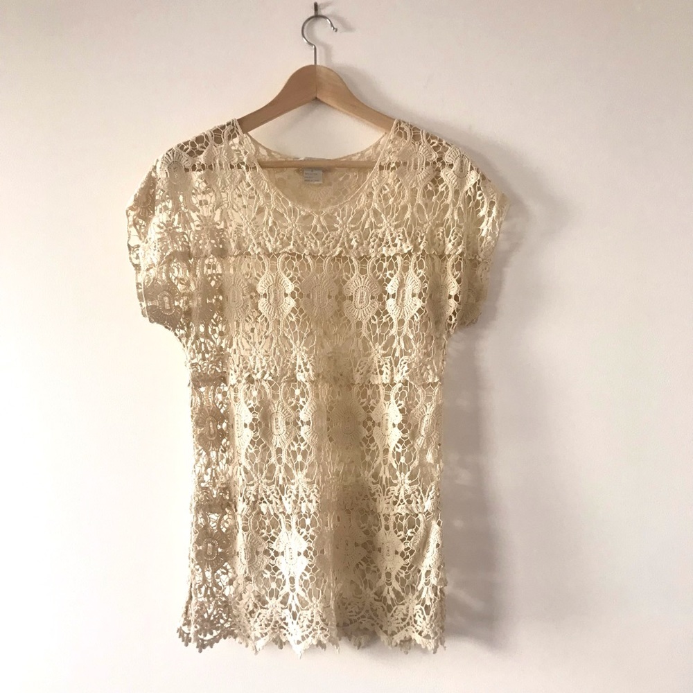 Crochet Lace Tunic Top with Cap Sleeves Off-White Solitaire Size Small